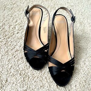 Black satin open toe heels